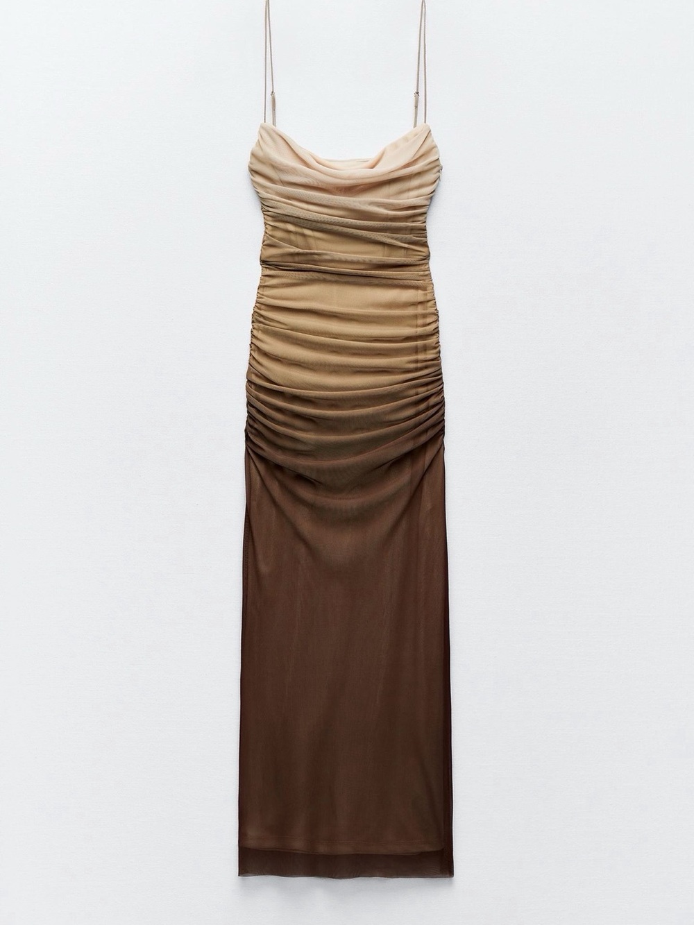 Zara Ombre Ruched Maxi Slip Dress in Beige and Brown